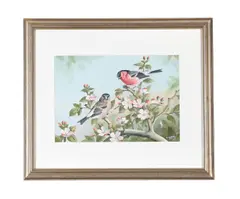 Bullfinches in blossom by Basil Ede, 1957, Watercolour and gouache, sold Feb 2025