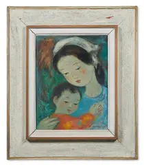 Mother holding baby in an orange tunic by Vũ Cao Đàm, Oil on canvas, offered Jan 2025