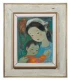 Mother holding baby in an orange tunic by Vũ Cao Đàm, Oil on canvas, offered Jan 2025