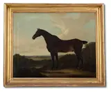 A dark bay hunter in a landscape by W. Shuttleworth, Oil on canvas, sold Jan 2025