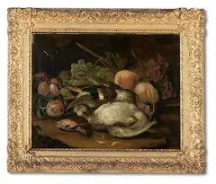 Still life of fruit with a mallard and a songbird by George William Sartorius, Oil on canvas, sold Jan 2025
