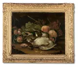 Still life of fruit with a mallard and a songbird by George William Sartorius, Oil on canvas, sold Jan 2025