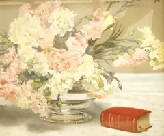 Still life of flowers and a book by Hughes de Beaumont, oil on canvas, sold Aug 2025