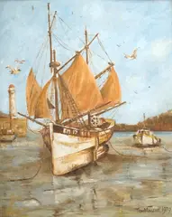Harbour view with beached fishing boat by Tom Malone, 1978, oil on canvas board, offered Aug 2025