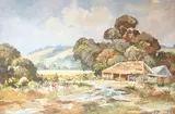 Landscape with outbuildings by Nicholas Englefield, oil on canvas board, offered Aug 2025