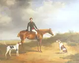 Study of a huntsman on horseback with hounds by Jan Mortel, oil on board, sold Aug 2025