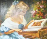 Study of a girl reading beside flowers by Robert van Cleef, oil on canvas, sold Aug 2025