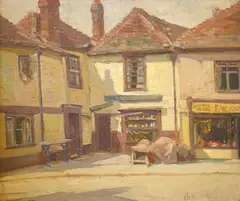 British street scene by Arthur Spooner, oil on canvas board, sold Aug 2025