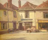 British street scene by Arthur Spooner, oil on canvas board, sold Aug 2025
