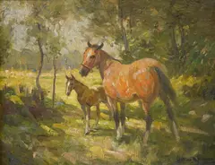 Study of a mare and foal by Arthur Spooner, oil on canvas, sold Aug 2025