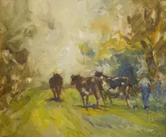 Herding cattle by Arthur Spooner, oil on board, sold Aug 2025