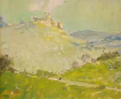 Landscape with castle ruins by Arthur Spooner, oil on board, sold Aug 2025