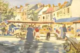 Market scene with figures by Mary Eastman, gouache, sold Aug 2025