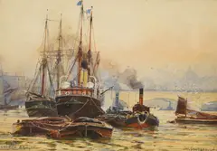 Sunset, London Bridge by Frederick William Scarborough, watercolour, sold Aug 2025
