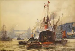 The pool of London by Frederick William Scarborough, watercolour, sold Aug 2025