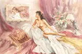 Interior scene with semi-nude reclining woman by Gordon King, pencil and limited, offered Aug 2025