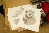 Leopard drinking by Donald Heywood, pencil, sold Aug 2025