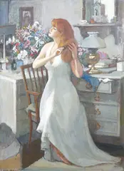 Amanda Brushing the hair by Charles James McCall, 1979, oil on board, sold Aug 2025