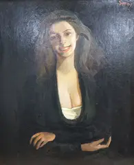 Laughing woman by Charles James McCall, oil on board, offered Aug 2025