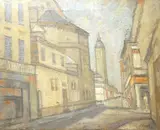 Moody street scene by Robert Russell, oil on canvas, sold Aug 2025