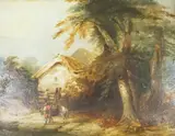 Pastoral landscape with figure and horse before a cottage by Edwin Hayes, 1844, oil on board, sold Aug 2025