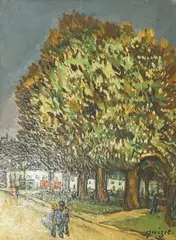 Figures on a pathway before trees by Alphonse Quizet, oil on board, sold Aug 2025