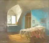 Flowers on windowsill by Deborah Jones, oil on board, sold Aug 2025