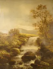 Landscape with waterfall by R. Marshall, oil on canvas, sold Aug 2025