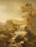 Landscape with waterfall by R. Marshall, oil on canvas, sold Aug 2025