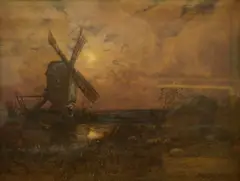 Riverscape with windmill by John William Schofield, oil and mixed, sold Aug 2025
