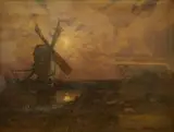 Riverscape with windmill by John William Schofield, oil and mixed, sold Aug 2025