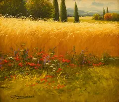 Meadow landscape by Gerhard Nesvadba, oil on canvas, sold Aug 2025