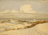 Snowy winter landscape by Victor Coverley-Price, oil on canvas board, sold Aug 2025