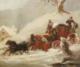Coaching scene in snow by Charles Cooper Henderson, oil on canvas, sold Aug 2025