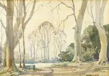 Tree lined pathway with hills beyond by Maurice Canning Wilks, watercolour, sold Aug 2025