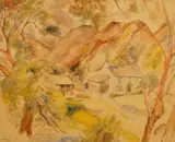 Landscape with cottage by Leslie Hurry, watercolour, sold Aug 2025