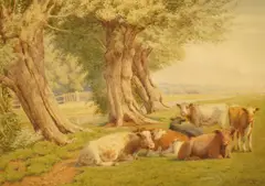Cattle resting before trees by William Sidney Cooper, 1915, watercolour, sold Aug 2025