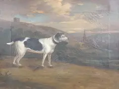 Study of a hound with view of Rawmarsh by Thomas Hawley, oil on canvas, sold Jul 2025