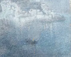 Sailing boat before Continental villas by Alexander Stuart-Hill, oil on board, sold Jul 2025