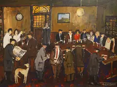 Pub interior by Malcolm Teasdale, oil on board, sold Jul 2025