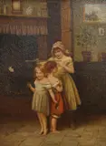 Children measuring their height by Arthur C Hunt, oil on panel, sold Jul 2025