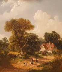 Wooded Landscape with Peasants & Donkey Cart before a Cottage by James Edwin Meadows, 1861, oil on canvas, sold Jul 2025