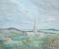 Landscape with a church by Sydney Maiden, 1962, oil on canvas, offered Jul 2025