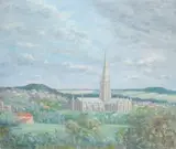 Landscape with a church by Sydney Maiden, 1962, oil on canvas, offered Jul 2025
