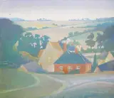 Village scene by Bob Broadley, oil on board, offered Jul 2025