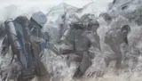 Battle scene by Keith Holmes, charcoal, offered Jul 2025