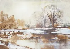 A mere in winter by Rowland Hilder, watercolour, sold Jul 2025