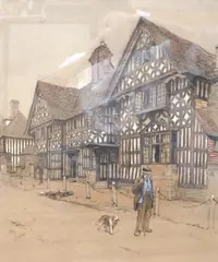 'An elderly gentleman and his dog outside The Middle House Inn by Cecil Aldin, pastel, sold Jul 2025
