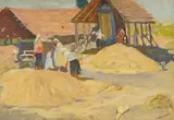 Rural scene with figures at work by Boris Spornikov, oil on board, sold Jul 2025
