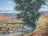 Washerwomen by Victor Coverley-Price, 1971, oil on board, sold Jul 2025
